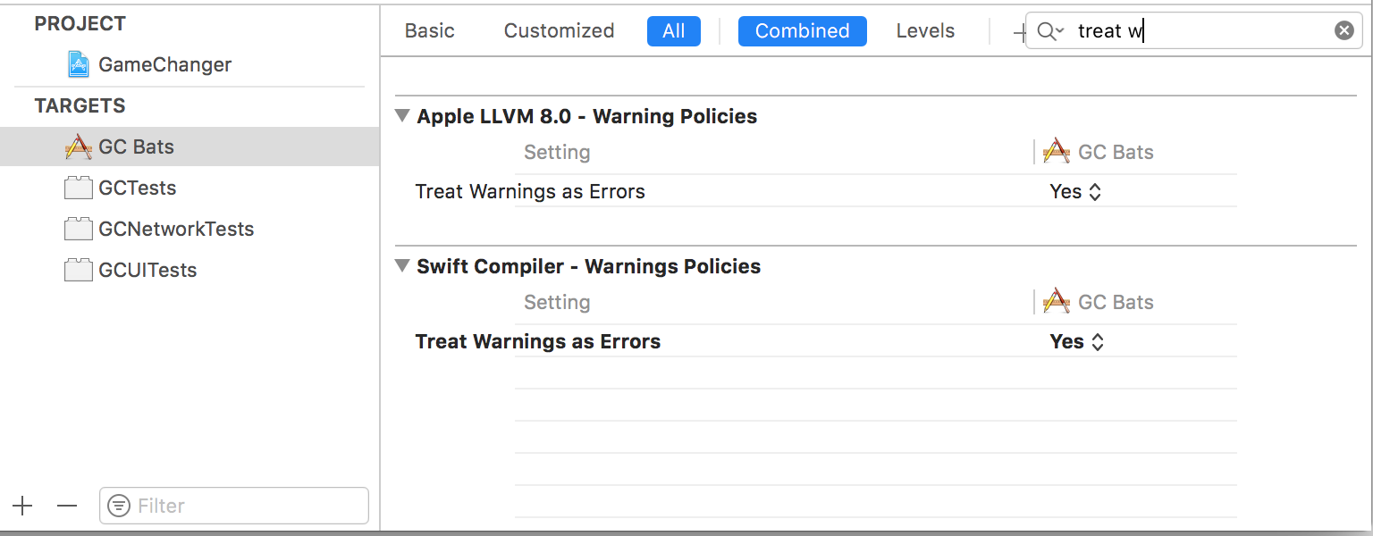 A screenshot of Xcode settings, showing treat warnings as errors.