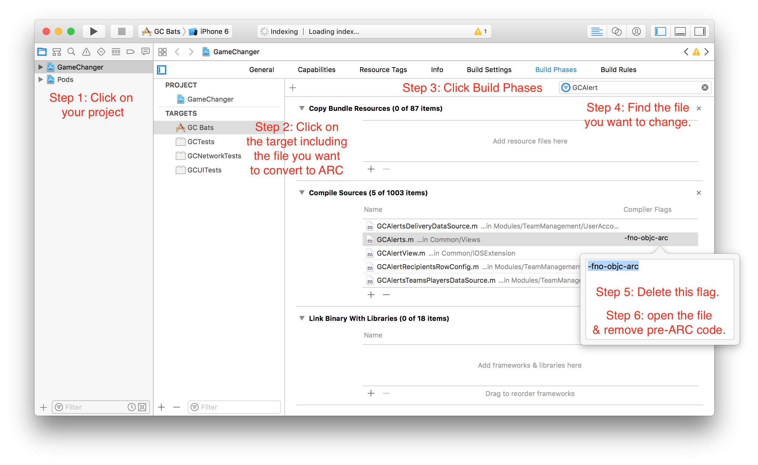 A screenshot of the build settings screen with captions describing how to enable automatic reference counting