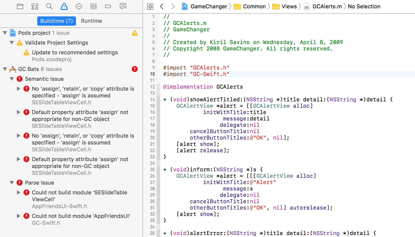 A screenshot of Xcode showing errors after importing the Swift briding header