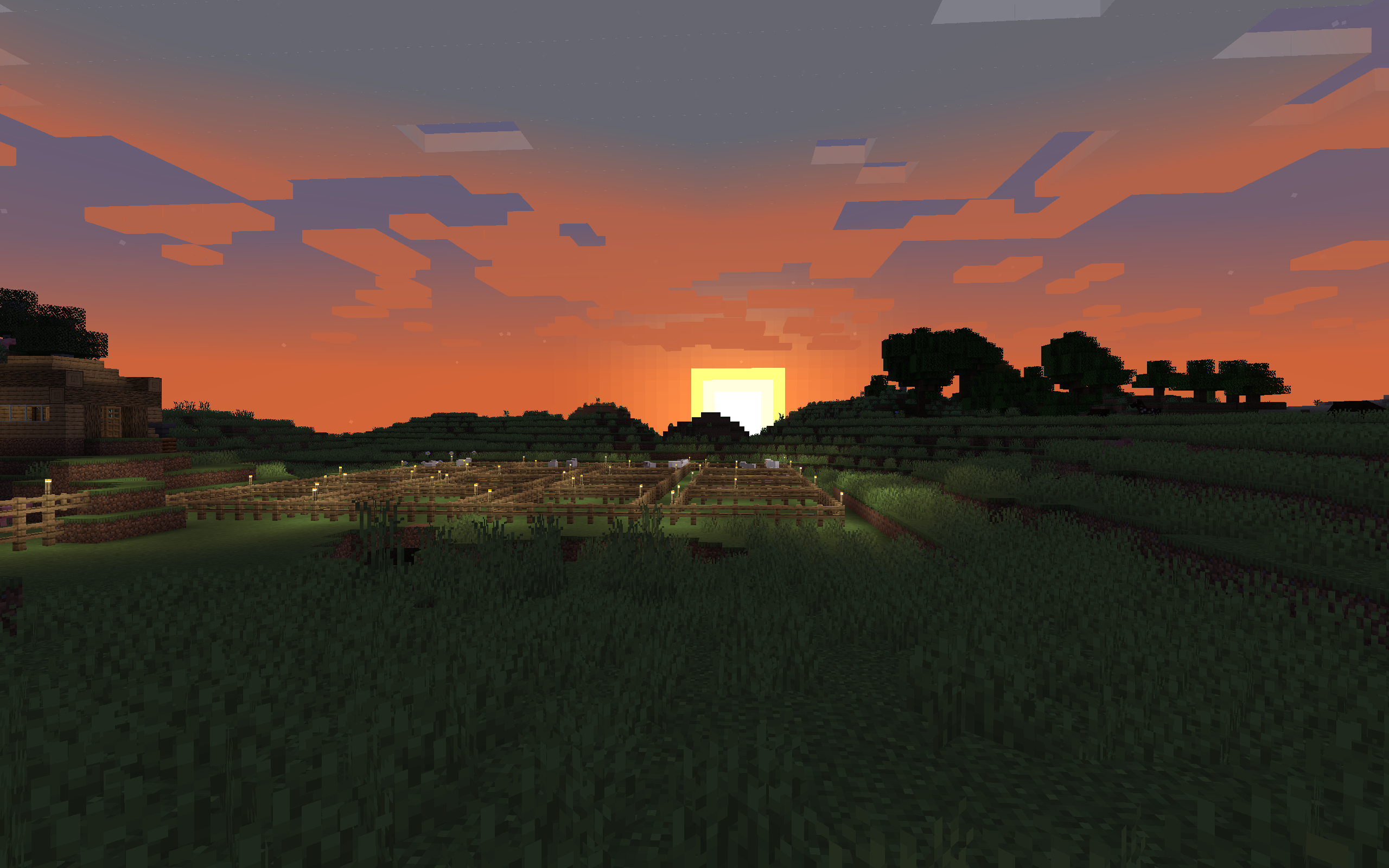 Minecraft farm with sun rising in distance
